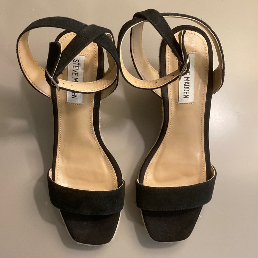 Steve Madden Wedge Straps Sandals Black Nude 7.5